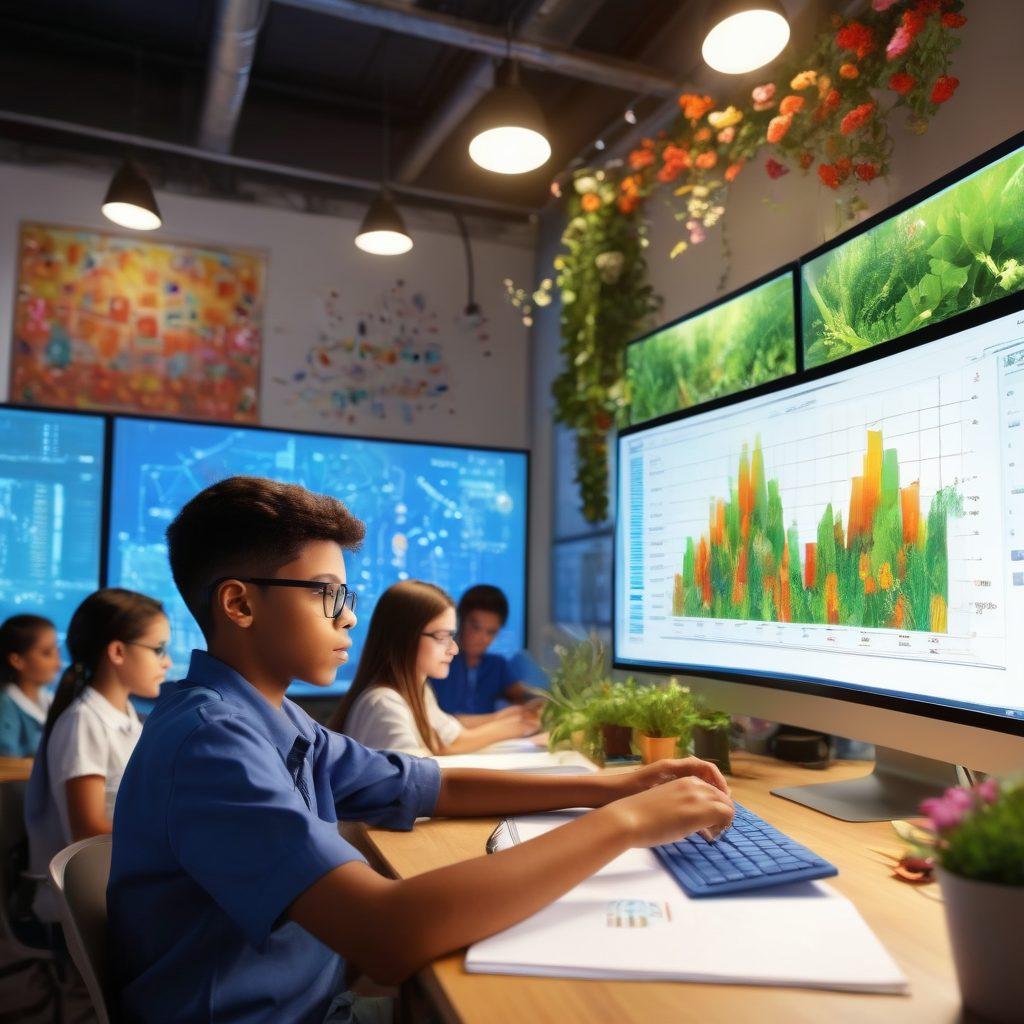 A dynamic classroom environment with diverse students engaging in virtual learning, showcasing a computer screen displaying vibrant educational content. Include visuals of growth, like ascending graphs and blooming plants, symbolizing achievement and development. Add creative elements like lightbulbs and gears to represent innovative ideas. Bright colors, engaging expressions, and technology integration should dominate the scene. super-realistic. vibrant colors. 3D.