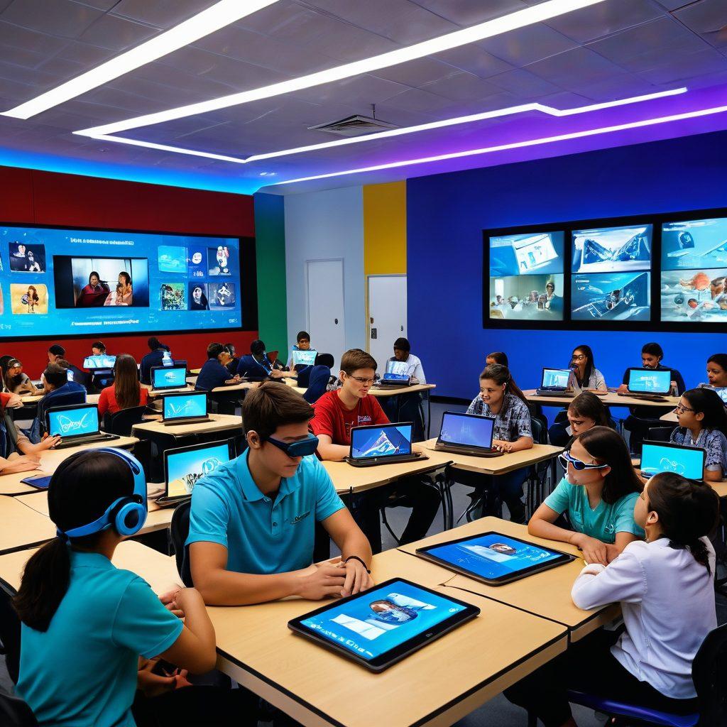 A futuristic remote classroom with diverse students using personalized learning tools like tablets and VR headsets. The room is filled with vibrant colors showcasing dynamic digital interfaces, highlighting individual learning paths. Include elements of collaboration through holographic displays and a friendly AI assistant guiding the students. The atmosphere is inspiring and bright, symbolizing innovation in education. super-realistic. vibrant colors. 3D.