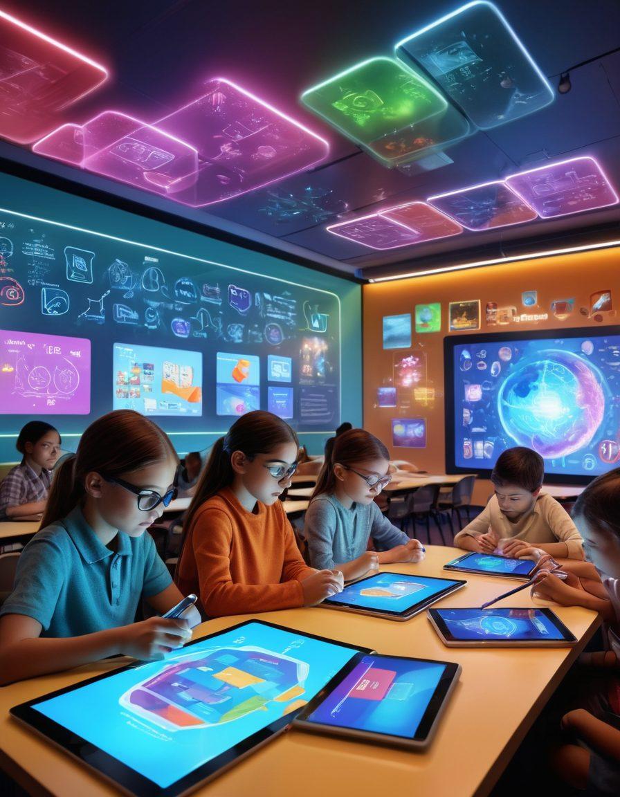 A diverse group of students engaging with digital tablets, surrounded by colorful, interactive holograms representing personalized learning paths. The background features a futuristic classroom with transparent screens and innovative technology, symbolizing a bright future for education. Add depiction of books and traditional educational elements blending with modern tech. vibrant colors. 3D. futuristic.